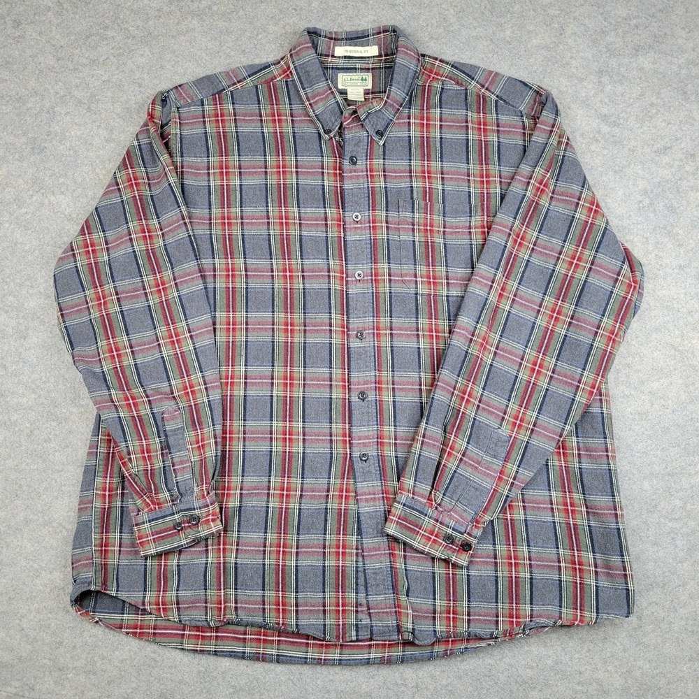 LL Bean Shirt Mens 2XL Gray Plaid Flannel Button Front Long Sleeve Casual